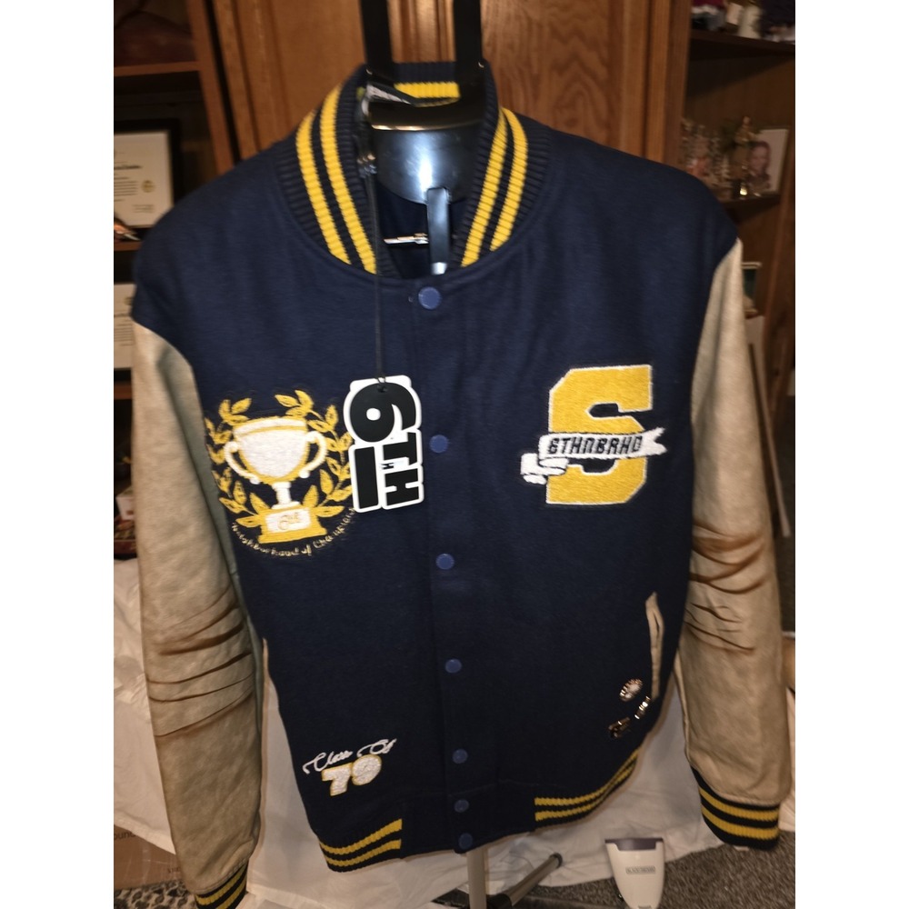 6th NBRHD Ivy Varsity Jacket. Embroidered And Has Pins .‎ NWT Blue And Gold. ...